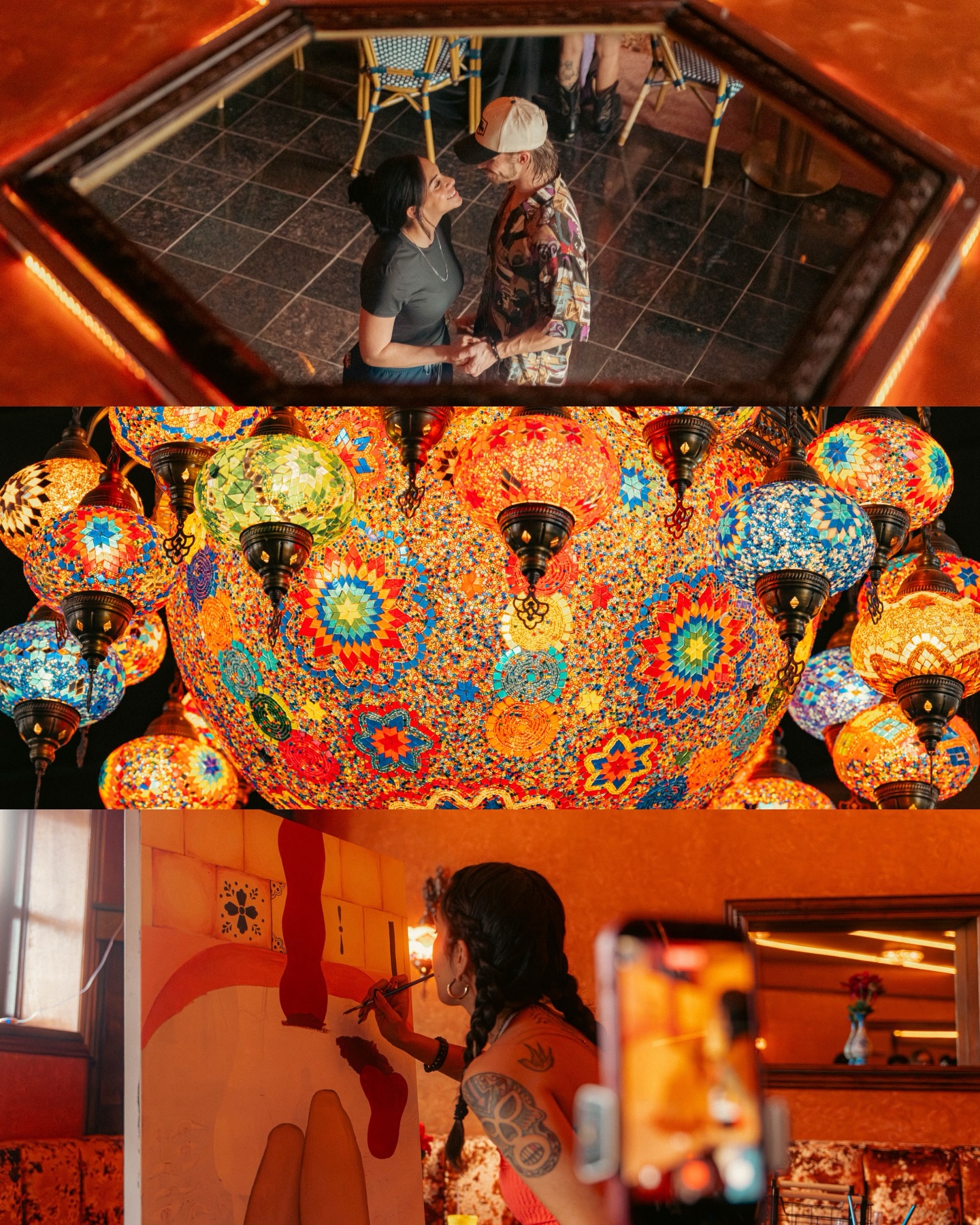 Handmade mosaic lamp chandeliers and mural art inside Sip Haus Austin
