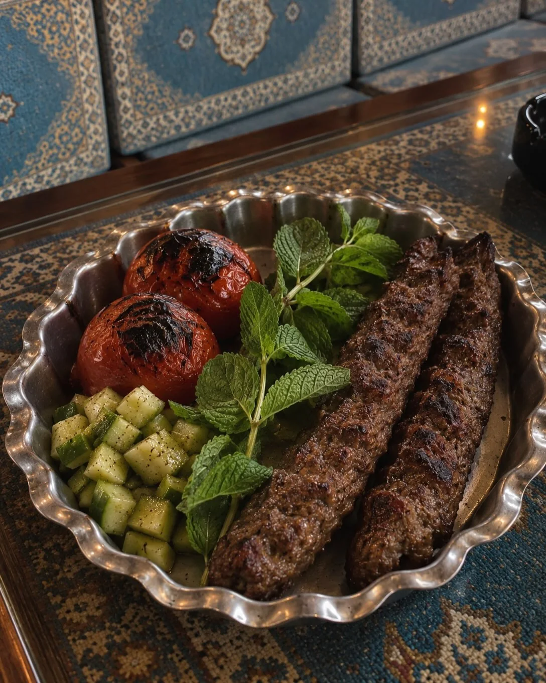 Kebab Koobideh plated with charred tomatoes, mint and cucumber on a Persian rug table
