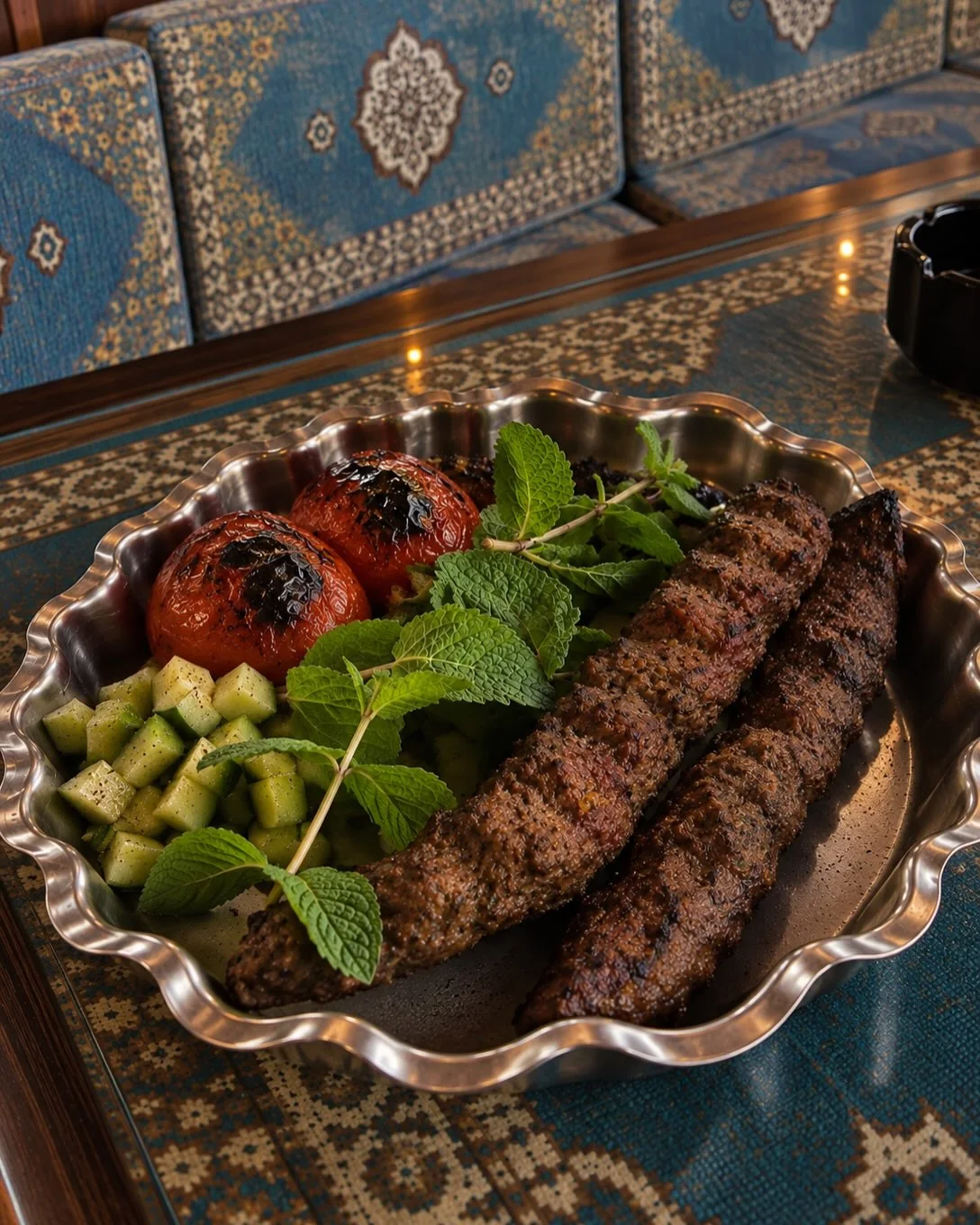 Two skewers of Kebab Koobideh with grilled tomatoes, fresh mint and cucumber at Sip Haus